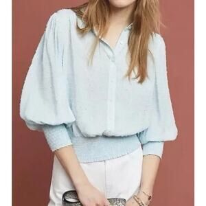 Maeve Anthropologie Womens Blue Rosa Swiss Dot Blouse Size 1X Smocked Cuffs